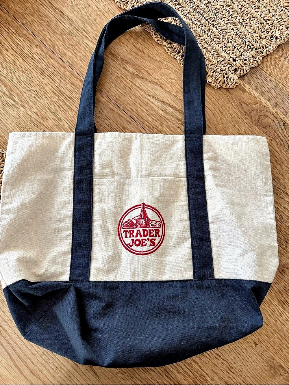Trader Joe's Large Canvas Tote Bag Blue & White